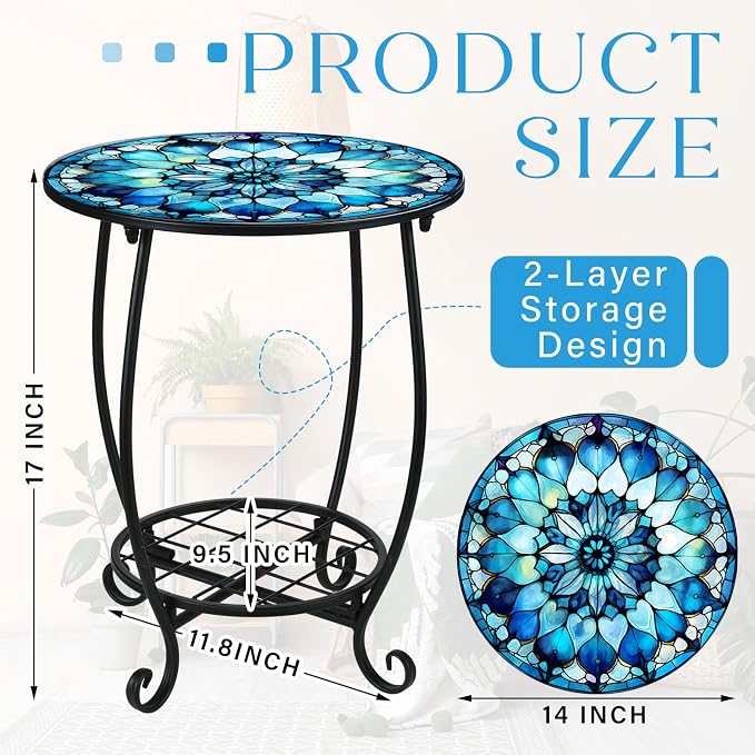 Cinnvoice Outdoor Side Table Round Small Mosaic Patio Accent Indoor End Plant Coffee Tea Table for Yard Patio Porch Garden Living Room, Bedroom(Mandala Flower Style,14 Inch)