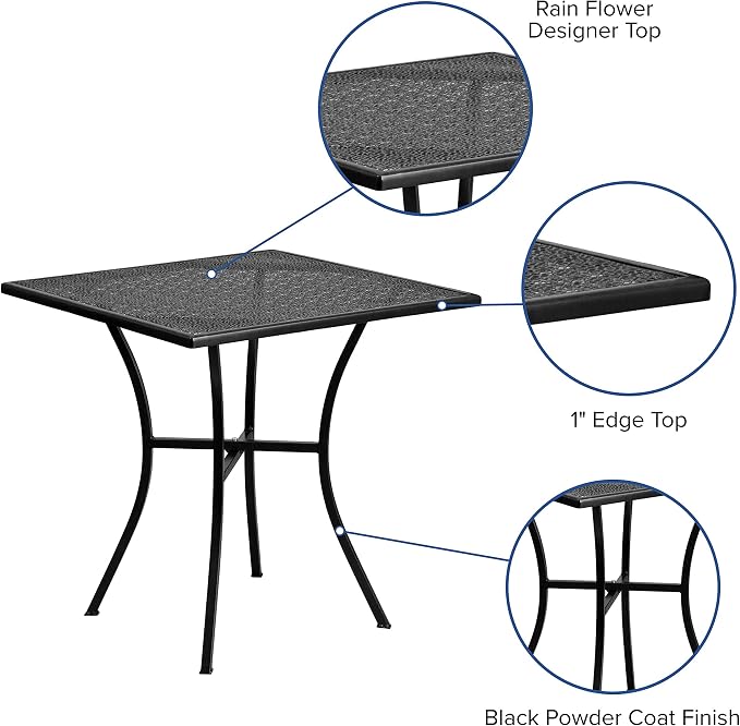 EMMA + OLIVER Commercial Grade 28" Square Black Indoor-Outdoor Steel Patio Table