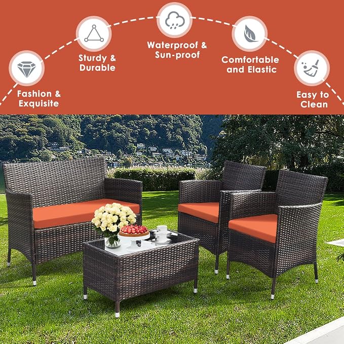 8 Pieces Patio Sofa Set, Wicker Conversation Set with Ergonomic Curved Backrest, Water-Resistant Cushion & Tempered Glass Table for Balcony, Porch (Orange)