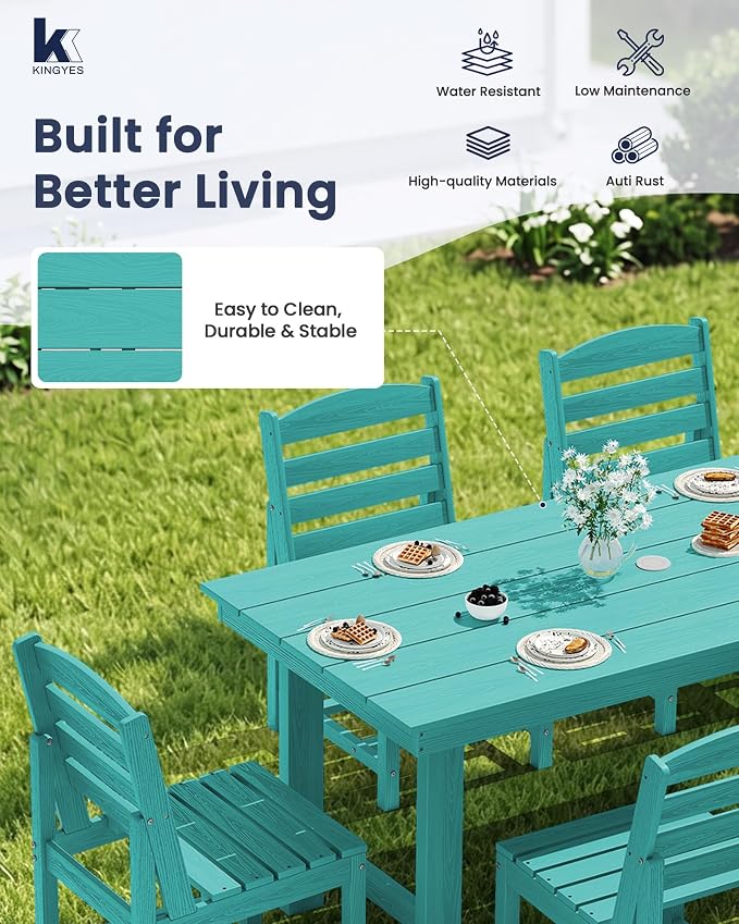KINGYES 7-Piece Patio Dining Set, HDPE Table and Armless Chairs Outdoor Furniture Set with Umbrella Hole, Aruba