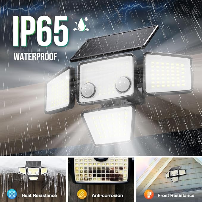LYWALT Solar Outdoor Lights - 3000LM 188 LED Motion Sensor Outdoor Lights, 4 Heads Security Light,IP65 Waterproof, Easy Install,270°Wide Angle Flood Wall Light with 3 Modes for Backyard Yard