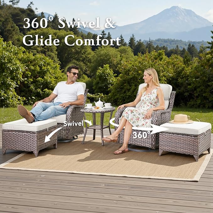 Belord Luxury 6" Thick Cushioned 5 Pieces Patio Furniture Set with 2 Ottomans, Wicker Outdoor Conversation Set with High Back Swivel Rocker Patio Chairs for Deck Porch Yard and Poolside - Brown+Beige