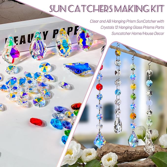 212pcs Sun Catcher Crystal Making Kit for Adults Prism Crystals Lamps Decor | K9 crystal prism suncatcher, rainbow maker for window & home, 12 hanging prisms set, shiny decor pendants chandelier part