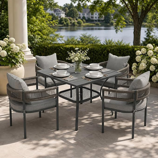 VICLLAX Patio Dining Set, 37.8" Black Table & 4 Chairs with Grey Cushion | Outdoor Table and Chairs Set of Square Metal Patio Table, Outdoor Dining Chairs with Metal Frame, Garden Deck Porch