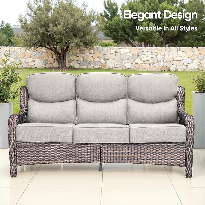 Luxury Patio Furniture Set 10pcs with 6-inch Thick Cushion, Outdoor Furniture with Fire Pit Table, Swivel Chairs, Sofa, Side Table, Ottomans, Patio Set for Deck Yard Brown Wicker | Beige Cushions