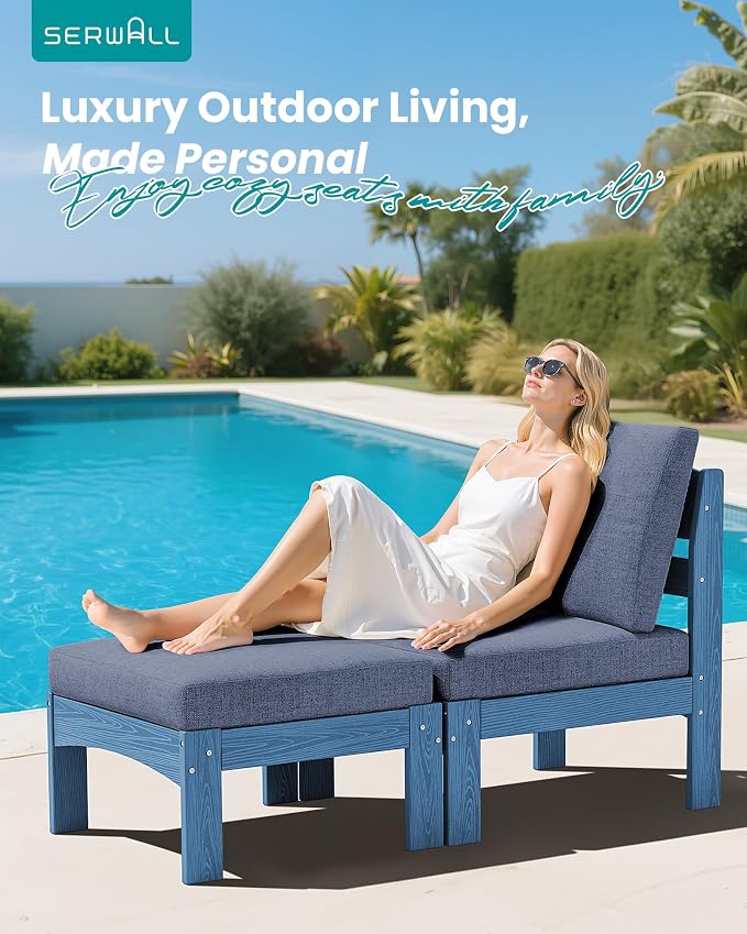 SERWALL 2 Pieces Patio Sofa Set, Durable HDPE Outdoor Lounge Sofa with Removable Cushions and Ottoman, Modern Modular Conversation Set for Porch or Balcony, Blue Frame with Grey Cushion