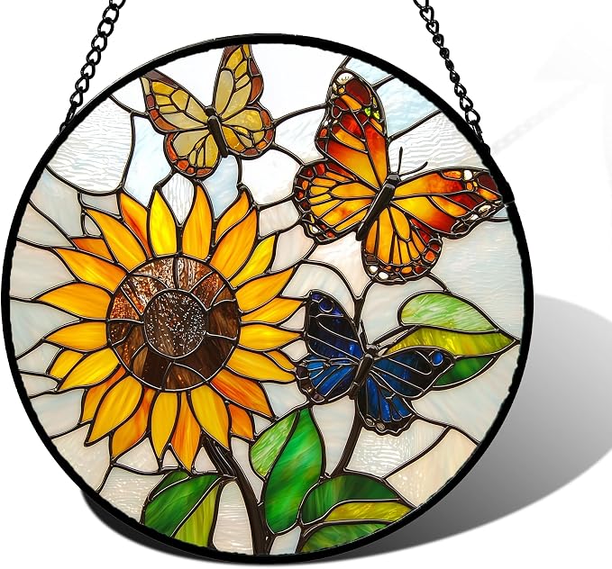 DASTOLL Stained Glass Window Hanging, Butterfly and Sunflowers Sun Catchers Glass Panel Plant Insects Suncatcher Decor for Birthday for Women, Men, Wife, Aunt, and Mom 9.8 in