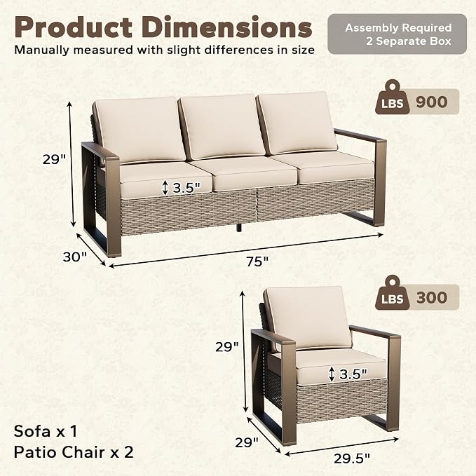Wicker Patio 75" Sofa Set with Two Armchairs, All Weather Rattan Outdoor Conversation Furniture Set with Wood-Looking Metal Armrest & Removable Cushions for Deck Backyard Porch, Beige