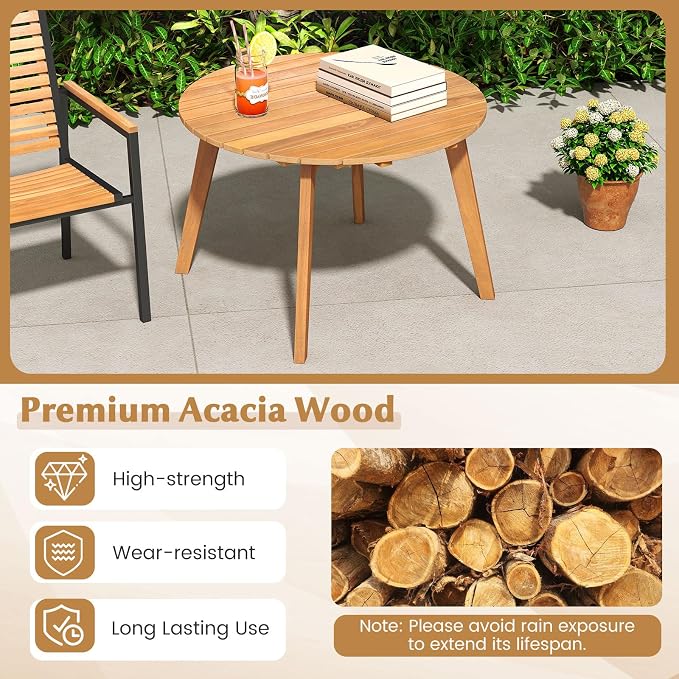 Tangkula Outdoor Side Table, 24.5 Inch Acacia Wood Round Accent Bistro Patio Table with Slatted Tabletop, for Backyard, Balcony, Poolside, Garden (2)