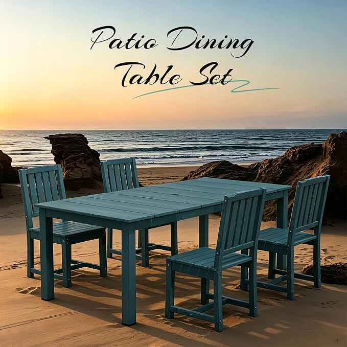 PLUUV 5-Piece Outdoor Dining Set – HDPE Patio Furniture with Aluminum Table, Umbrella Hole, and 4 Armless Chairs, All-Weather Resistant for Garden & Backyard, Navy Blue