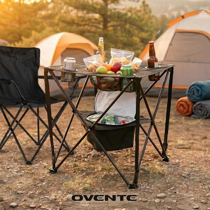 OVENTE Collapsible Folding Camping Table with Insulated Cooler, 4 Cup Holders, Food Basket and Travel Bag, Portable Tailgating Table for Fishing, Outdoor Barbecue or Beach Parties, Black POTC0014B