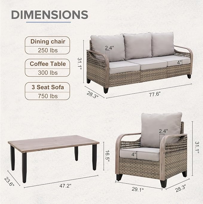 COOS BAY Modern Wicker Outdoor Furniture Set, 4 Piece Patio Conversation Set with 2 Patio Chairs, a 3 Seat Couch and Side Table, 4 Piece, Brown/Gray