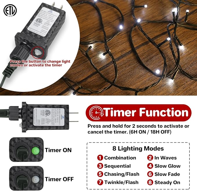 Extra Long 132FT Christmas Decorative Mini Lights, 400 LED Green Wire Fairy Starry String Lights Plug in, Timer & Memory & 8 Modes, for Indoor Outdoor Xmas Tree Wedding Party Decoration,Cool White