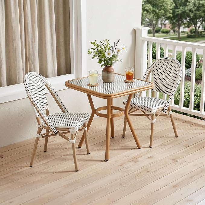 PURPLE LEAF 3-Piece French Bistro Dining Set Square Outdoor Patio Table and 2 Armless Chairs Tempered Glass Top PE Rattan Champagne Print Finish Aluminum Frame White