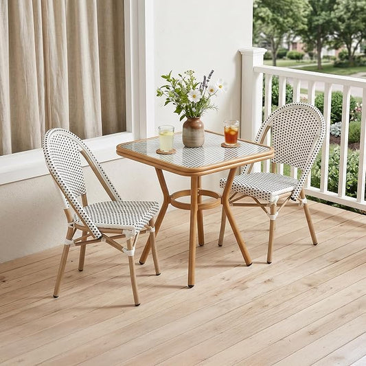 PURPLE LEAF 3-Piece French Bistro Dining Set Square Outdoor Patio Table and 2 Armless Chairs Tempered Glass Top PE Rattan Champagne Print Finish Aluminum Frame White