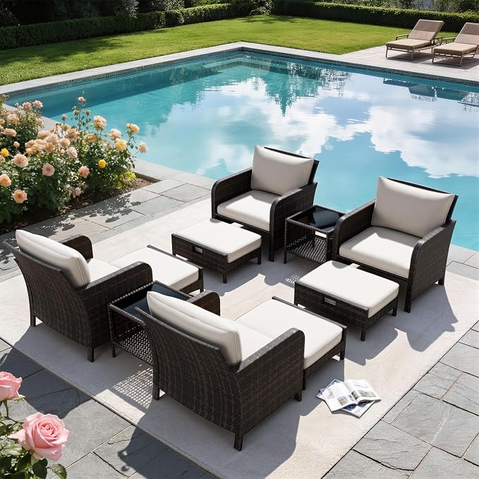 LEVELEVE Patio Conversation Set 5 Piece, Balcony Furniture Outdoor PE Rattan Wicker Lounge Chairs with Soft Cushions, 2 Ottomans & Glass Table for Porch Lawn, Brown with Beige Cushions