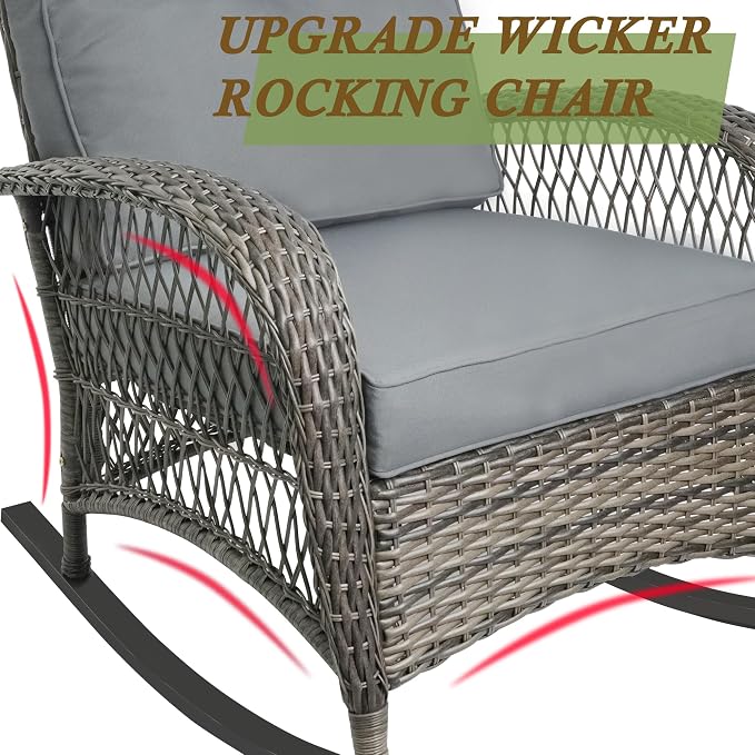 Outdoor Wicker Rocking Chair, All Weather Resin Rattan Wicker Rocking Chairs and Glass Coffee Table, for Garden Backyard Lown Porch,3pc,Grey