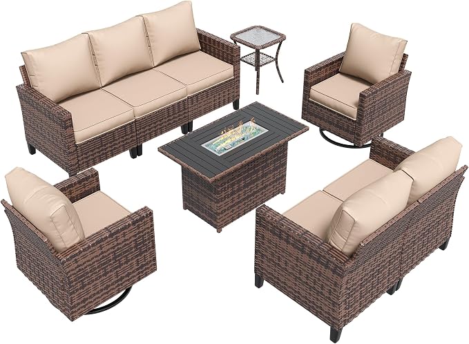 Amopatio Patio Furniture Set with Fire Pit Table, Wicker Outdoor Sectional Sofa with Swivel Rocker Chairs, All-Weather Rattan Conversation Set, Waterproof Cover for Backyard, Deck Brown/Khak 6 PCS
