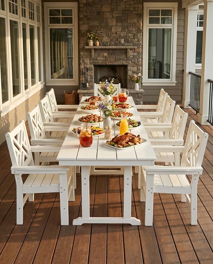 10 Piece HDPE Outdoor Dining Set for 8, Patio Dining Furniture Set with 2 Table and Umbrella Hole, Outdoor Table and Chairs for Garden, Poolside, Backyard, Deck