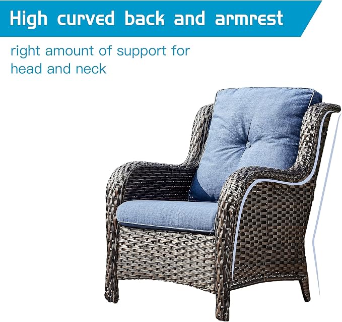 Rilyson Outdoor Furniture Set, 5-Piece Patio Rattan Wicker Sectional Sofa Set with 3-Seat Couch, 2 Armchairs, 2 Ottoman Footrests for Patio Conversation (5 PC,Brown/Blue)