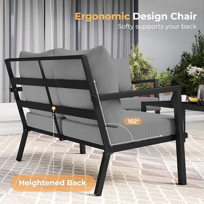 HAPPATIO Aluminum Patio Furniture Set, 4 Pieces Conversation Set with Thick Cushions and Coffee Table, All Weather Loveseat Waterproof and Rustproof for Garden, Backyard, Porch, Black
