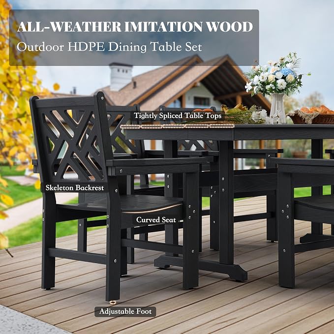 HDPE Outdoor Dining Set,10-Piece Outdoor Table and Chairs Include 8 Dining Chairs and 2 Pcs 62.5" Patio Dining Table with Umbrella Hole (Black)