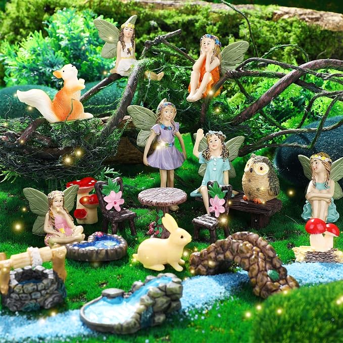 Roowest 19 Pcs Fairy Garden Kit, Miniature Fairy Garden Accessories Outdoor | Small Figurines with Animals Mushroom Pond Bridge, Resin Ornaments, DIY Micro Landscape Decor