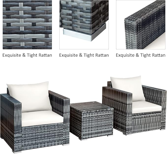 Tangkula 3 Pieces Patio Furniture Set, PE Rattan Wicker Sofa Set w/Washable Cushion and Tempered Glass Tabletop, Outdoor Conversation Furniture for Garden Poolside Balcony