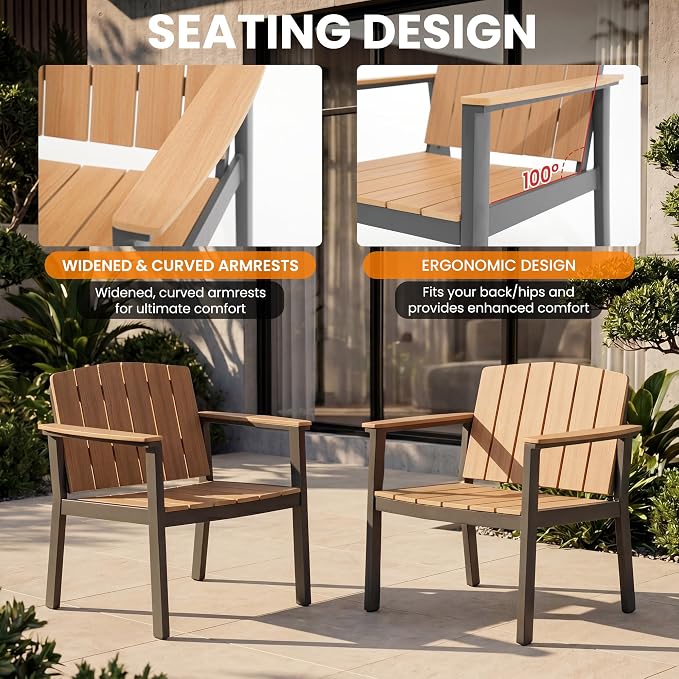 2 Pieces Aluminum Patio Furniture Armchair, All-Weather Outdoor Armchair Aluminum Frame HDPS Faux Wood, Patio Sofa Couch Set of 2 for Porch, Balcony, Deck, Yard Nature Wood