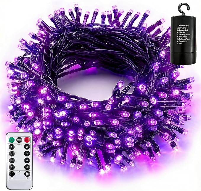 Purple Battery Operated String Lights 66FT 200LED with Remote Timer | Halloween Fairy Lights Waterproof 8 Modes with Memory Indoor Outdoor Decor for Party Bedroom Holiday