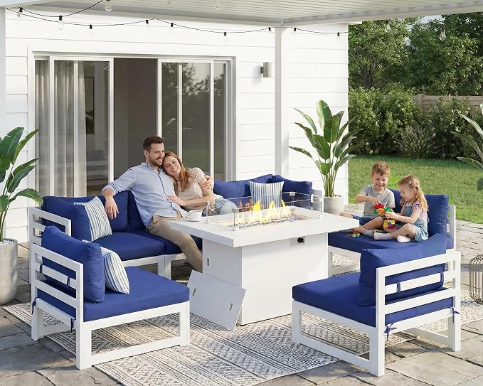 RADIATA 7 Piece Extra Large Modern Aluminum Outdoor Sofa with Fire Pit Table, 29" Deep Wide Seat, 500 lbs Durable Sectional Set for Heavy People, Anti-Rust Patio Furniture Set for Backyard, Navy Blue