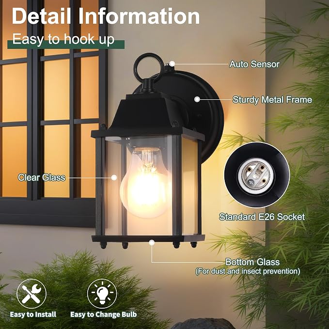Dawn to Dusk Sensor Outdoor Wall Light Fixtures Waterproof Porch Lights Anti-Rust Black Exterior Lighting Fixtures Outdoor Wall Lantern for House -2 Pack