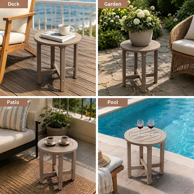 Small Outdoor Side Table 15.94" HDPE Round Adirondack End Table | Storage Shelf, Plant Stand, Weather Resistant, Easy to Clean & Use, Not prone to fading, for Patio, Backyard, Deck, Brown