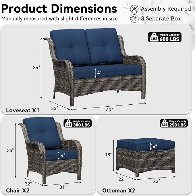5 Piece Outdoor Wicker Patio Furniture Set, Patio Chairs Set with Thickened Olefin Cushions, High Back and Deep Seating, Hand-Woven PE Rattan, Ottoman for Porch, Deck