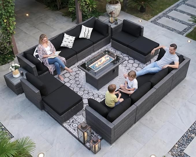 NICESOUL 15 Piece Outdoor Sectional with Fire Pit Table, Modern Luxury Patio Deep Seating w/Firepit, 29.3'' High-Back Wicker Couch Thick, Big High-Weight Capacity Sofa for Terrace, Yard, Gray & Black
