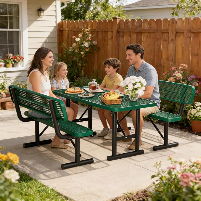 6FT Outdoor Metal Picnic Table with 2 Benches,Heavy Duty Rectangular Picnic Table Set for Outside, Waterproof Commercial Restaurant Table Furniture for Park, Campfield, Patio, Garden, Yard