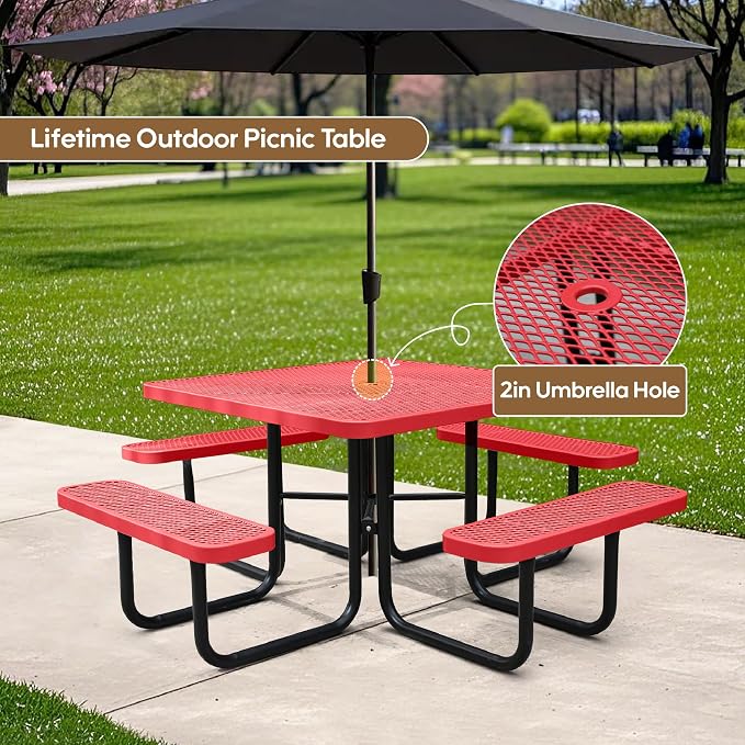 46" Square Picnic Table for Outside,Red Heavy Duty Metal Picnic Table Bench Set with 2in Umbrella Hole, 1600 lb Capacity,Commercial Dining Table Furniture for Garden Yard Patio Party Coffee Shop