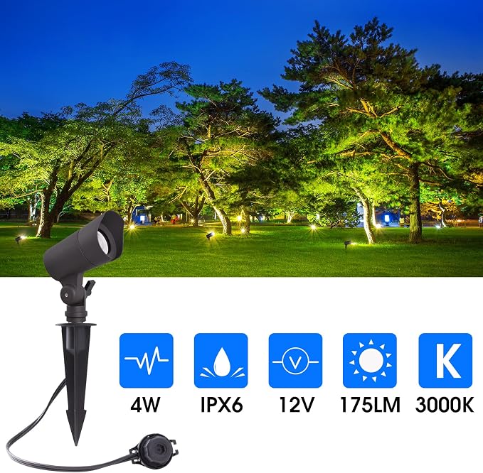 E ENERGETIC LIGHTING LED Landscape Lights with Connectors, 12V Low Voltage, Warm White 3000k, 4W, 175LM, Outdoor Waterproof Garden Pathway Lights Wall Tree Flag Spotlights with Spike Stand, 2 Pack