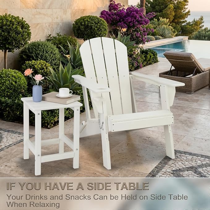 Outdoor Side Table, Square HDPE Patio End Table, Weather Resistant Adirondack Side Table for Porch, Garden, Backyard, Poolside, Waterproof Small Slat Accent Table, 14 Inch, White