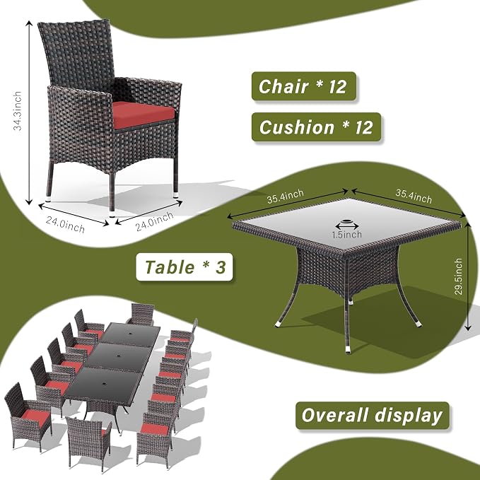 15 Pieces Outdoor Patio Dining Set,Patio Table and Chairs Rattan Outdoor Patio Furniture Set with Umbrella Hole,Dining Table Set for 12 with Chairs for Backyard,Garden and Kitchen,Red