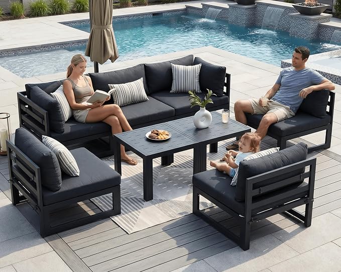 NICESOUL 8 Piece Modern Aluminum Patio Furniture Set Deep Seated, Extra Wide Modular Outdoor Sectional for 6 People, 500 lbs Heavy Duty L-Shaped Oversized Sofa Couch for Outside Backyard, Ember Black