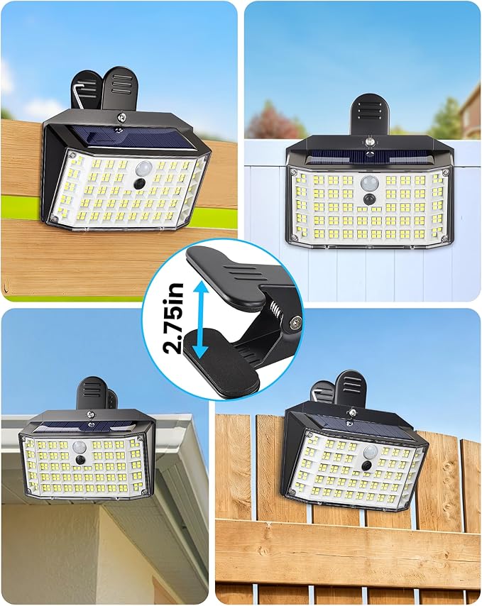 LUHLEE 176LED Clip on Solar Lights Outdoor, 800LM Solar Motion Lights Outdoor with 180° Wide Angle, IP65 Waterproof Portable Solar Fence Lights Outdoor for Fence, Gutter, Garden, Camping, Patio 1Pack