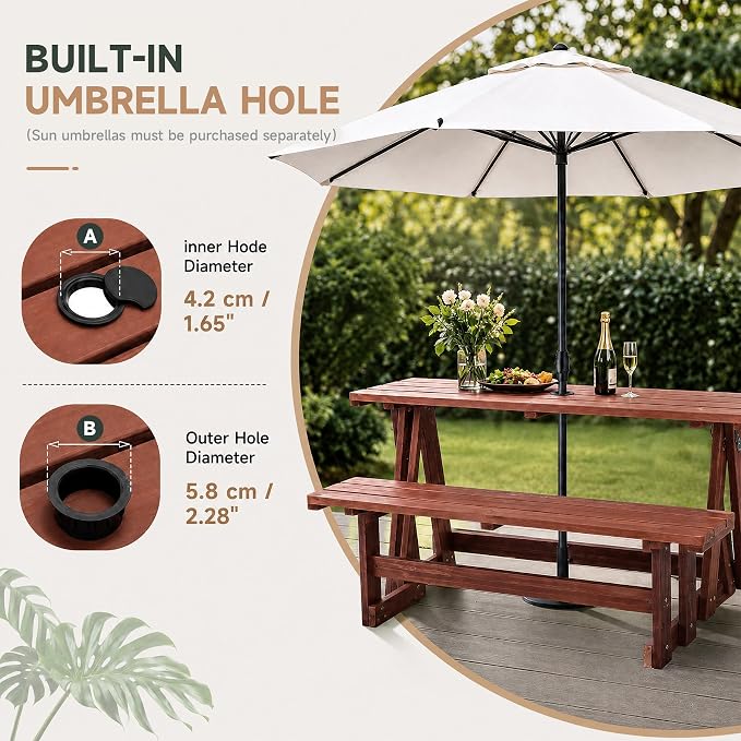 2-in-1 Convertible Bench Picnic Table - Outdoor Folding Dining Set w/Backrest & Umbrella Hole. Solid Wood, Waterproof & UV-Resistant - Ideal for Backyard, Patio, Garden & Parkway