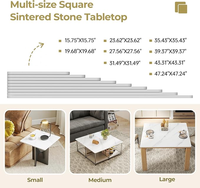 Square Table Top, 35.4” White Sintered Stone Tabletop, DIY Replacement & Cover Marble Desktop, Scratch & Wear Resistant, Suitable for Indoor & Outdoor
