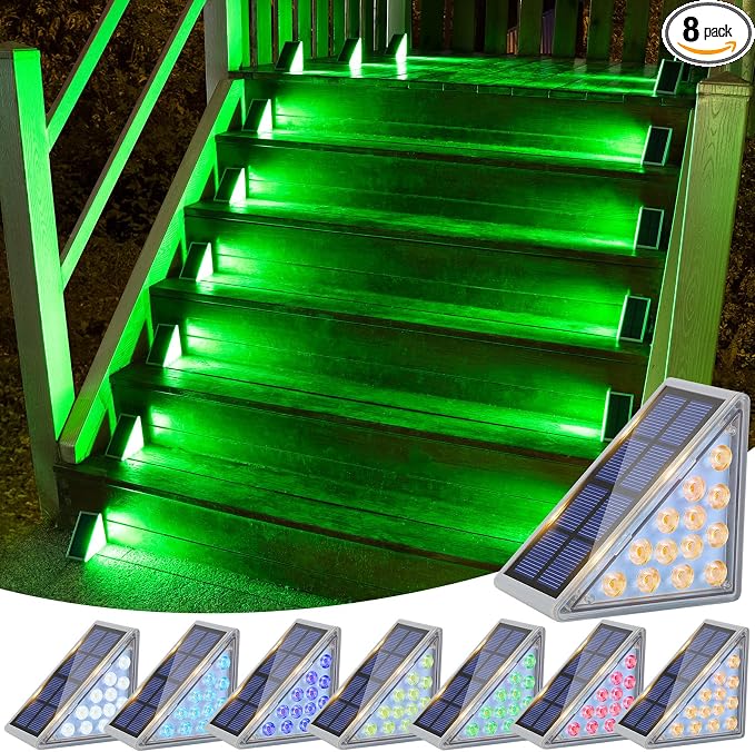 VOLISUN Solar Stair Lights 8 Pack, 7 Fixed Colors, Solar Step Lights Outdoor Waterproof IP67, LED Outdoor Step Light, Deck Light Outdoor Decor for Garden Stair, Front Step, Porch and Patio