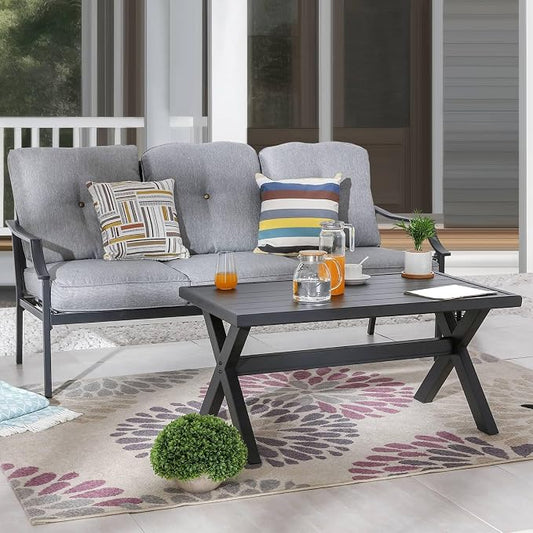 Patio Conversation Set Metal Outdoor Furniture Sets 3-Seater Sofa with Metal Coffee Table Thick Cushions (Grey)