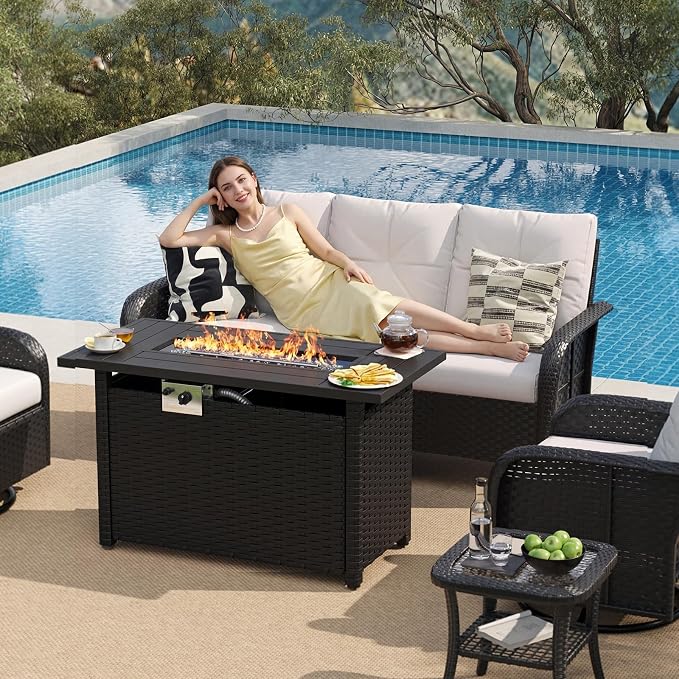 LazySunsets 7 Piece Outdoor Patio Furniture Set with 44'' Fire Pit Table, Outdoor Patio Furniture Set with High Back Swivel Rocker Chairs, Wicker Sofa Set with Thick Cushions, Beige
