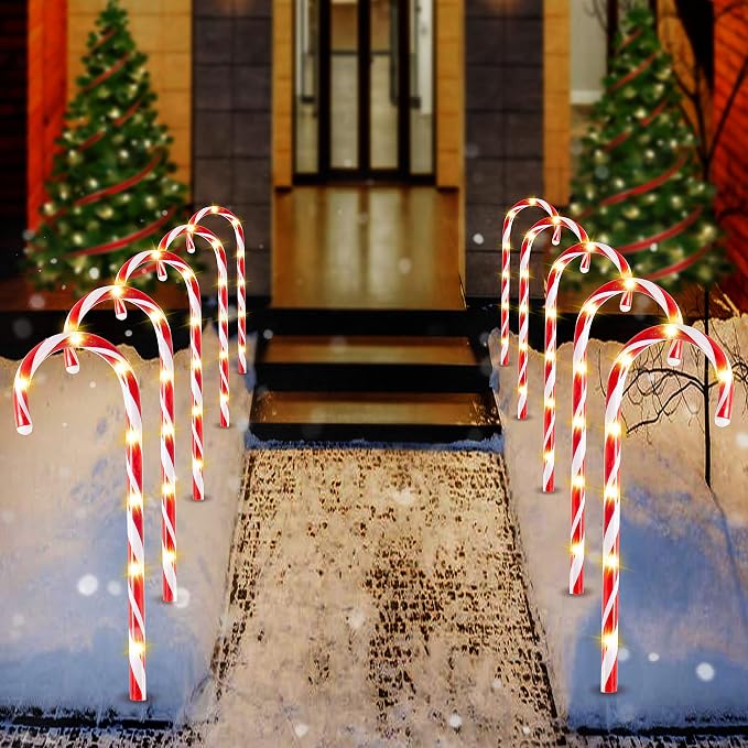 Joiedomi 12 Pcs Christmas Candy Cane Pathway Markers Lights, 16” Stakes Lights with Warm White, Waterproof Outdoor Decorations for Xmas Indoor and Outdoor Decorations Yard, Walkway, Lawn, Garden