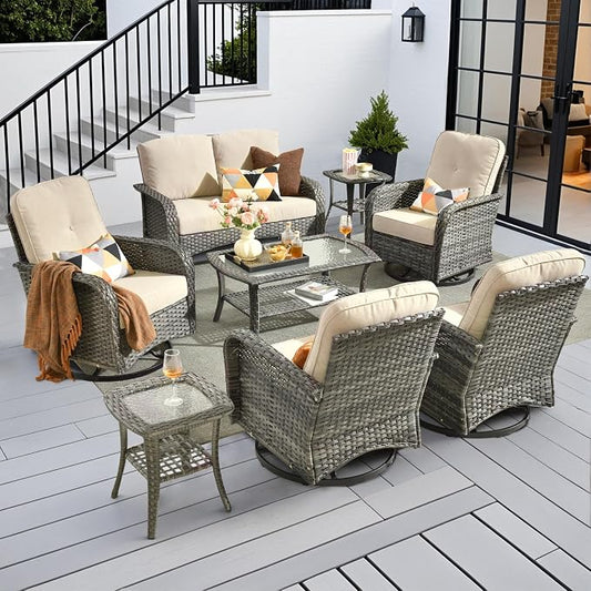 CAODOC 8-Piece Wicker Patio Furniture Set, All-Weather Rattan Conversation Bistro Loveseat Chair and Patio Rockers Set for Backyard, Balcony and Deck with Soft Cushions and Metal Table(Beige)