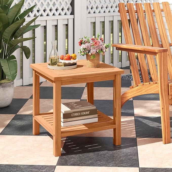 Tangkula Outdoor Side Table, 2-Tier Acacia Wood Square End Table with Slatted Tabletop & Storage Shelf, Indoor Outdoor Wooden Accent Bistro Patio Table for Backyard, Poolside, Garden, Natural (2)